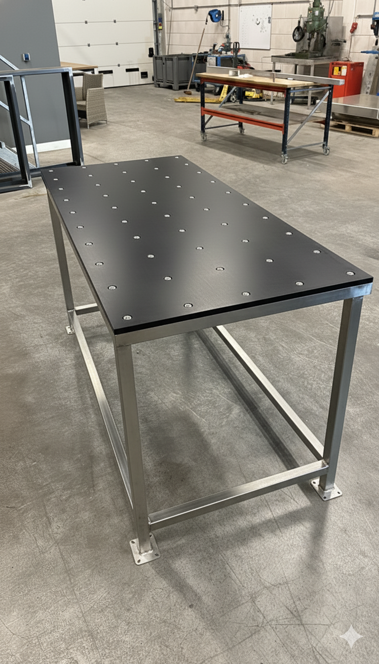 Tafel met rollers in tafelblad en rvs frame