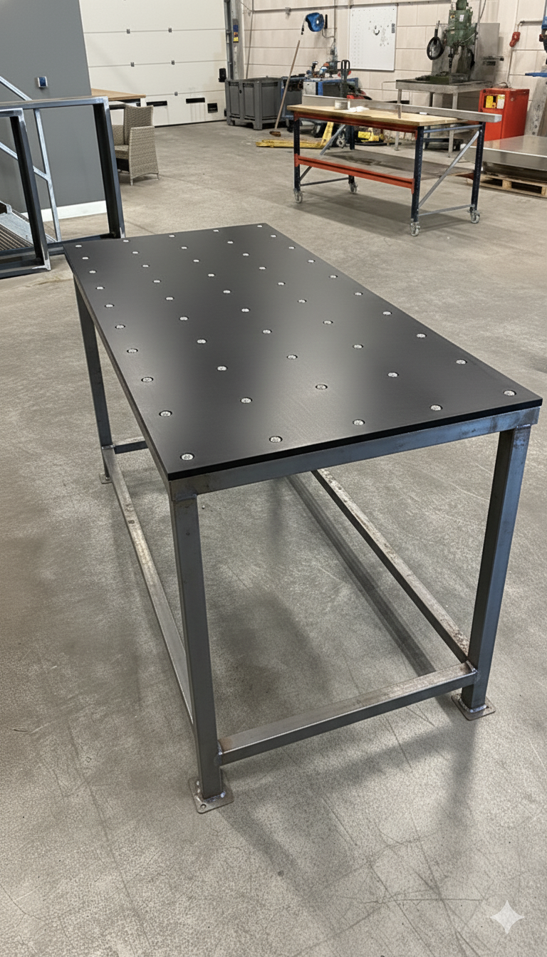 Tafel met rollers in tafelblad en stalen frame